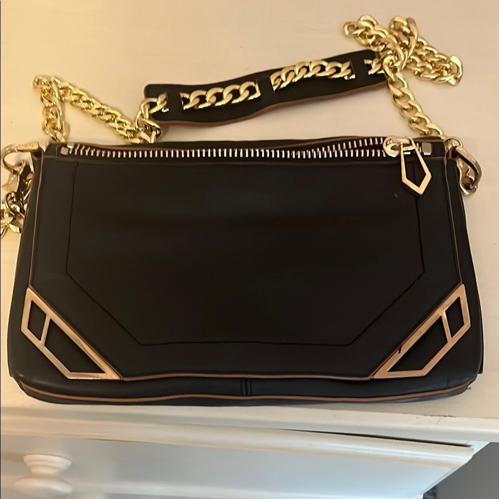 Black Crossbody Bag with Gold Hardware and Chain Strap